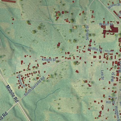 Close-up of the map of McKenzie, Alabama print showing street and building detail