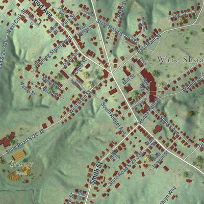 Close-up of the map of Ware Shoals, South Carolina print showing street and building detail