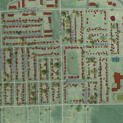 Close-up of the map of Mounds View, Minnesota print showing street and building detail