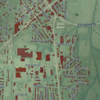 Close-up of the map of Milan, Tennessee print showing street and building detail