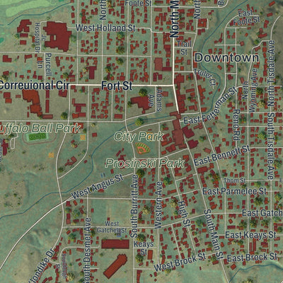 Close-up of the map of Buffalo, Wyoming print showing street and building detail