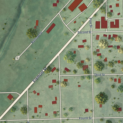 Close-up of the map of Bruno, Nebraska print showing street and building detail