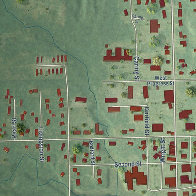 Close-up of the map of Hillman, Michigan print showing street and building detail