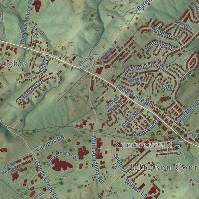 Close-up of the map of Fishersville, Virginia print showing street and building detail