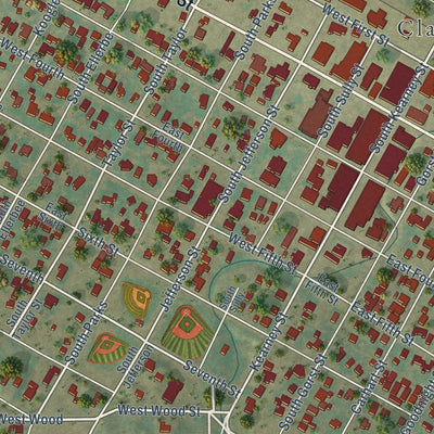 Close-up of the map of Clarendon, Texas print showing street and building detail
