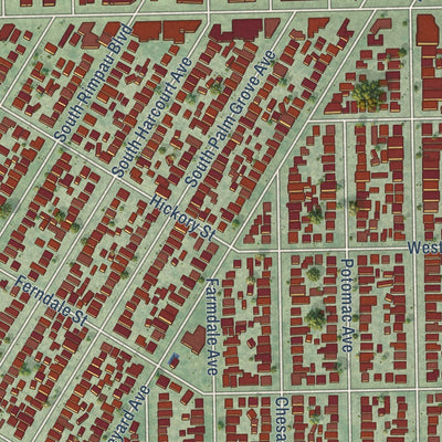 Close-up of the map of West Adams, California print showing street and building detail