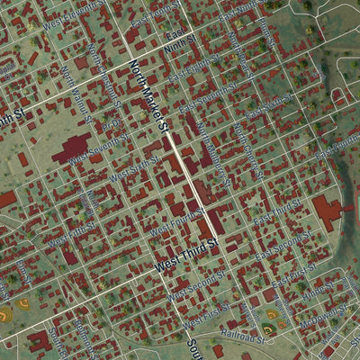 Close-up of the map of Mount Carmel, Illinois print showing street and building detail