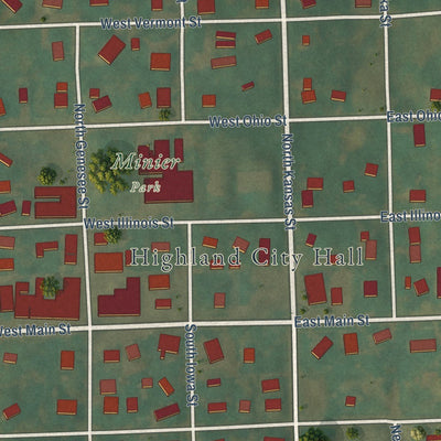 Close-up of the map of Highland, Kansas print showing street and building detail