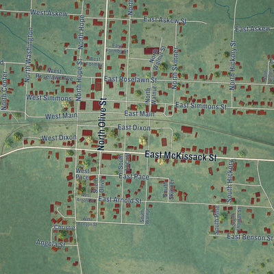 Close-up of the map of Waldo, Arkansas print showing street and building detail