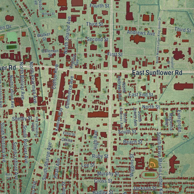 Close-up of the map of Cleveland, Mississippi print showing street and building detail