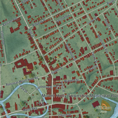 Close-up of the map of Mount Holly, New Jersey print showing street and building detail