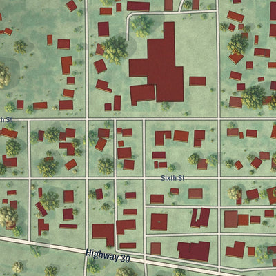 Close-up of the map of Overton, Nebraska print showing street and building detail