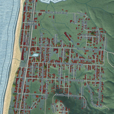 Close-up of the map of Rockaway Beach, Oregon print showing street and building detail