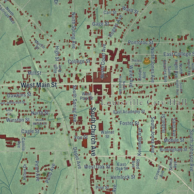 Close-up of the map of Louisville, Mississippi print showing street and building detail