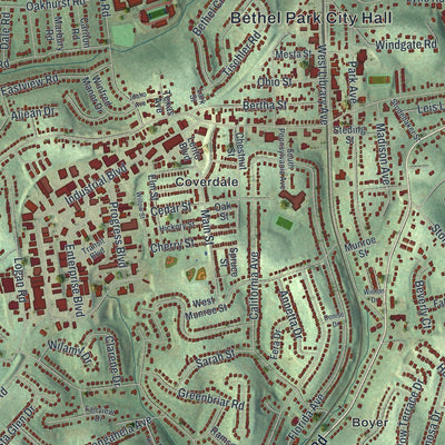 Close-up of the map of Bethel Park, Pennsylvania print showing street and building detail