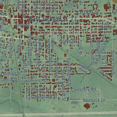 Close-up of the map of Hugo, Oklahoma print showing street and building detail