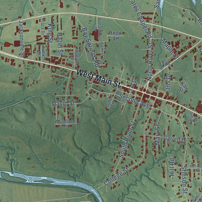 Close-up of the map of Centre, Alabama print showing street and building detail