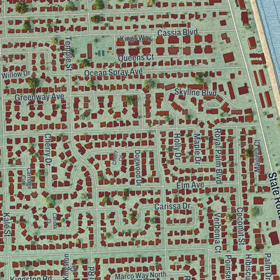 Close-up of the map of Satellite Beach, Florida print showing street and building detail