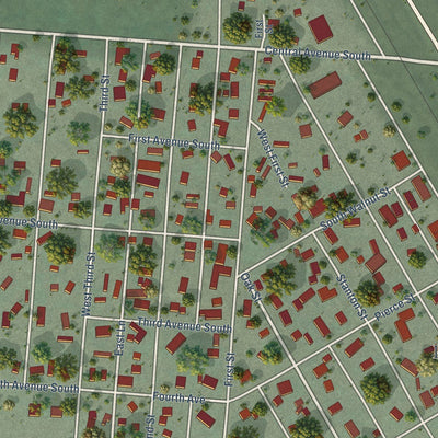 Close-up of the map of Plains, Montana print showing street and building detail