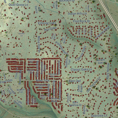 Close-up of the map of Scenic Oaks, Texas print showing street and building detail