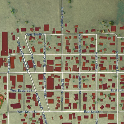 Close-up of the map of Ridgway, Illinois print showing street and building detail