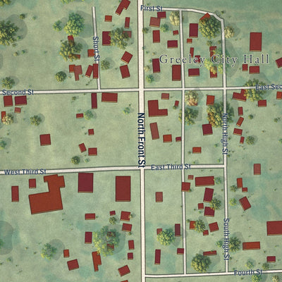 Close-up of the map of Greeley, Iowa print showing street and building detail
