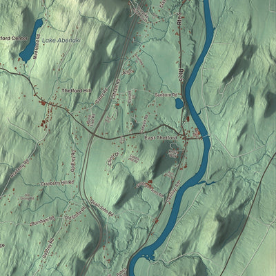 Close-up of the map of Thetford, Vermont print showing streets and neighborhoods