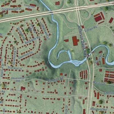 Close-up of the map of Bensley, Virginia print showing street and building detail