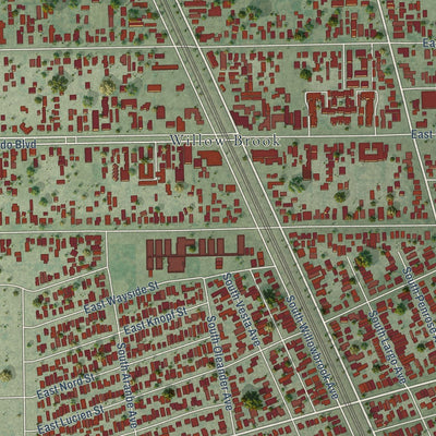 Close-up of the map of Willowbrook, California print showing street and building detail