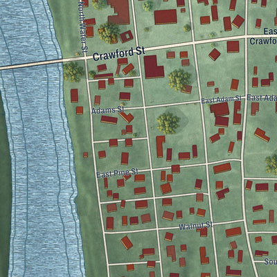Close-up of the map of Montezuma, Indiana print showing street and building detail