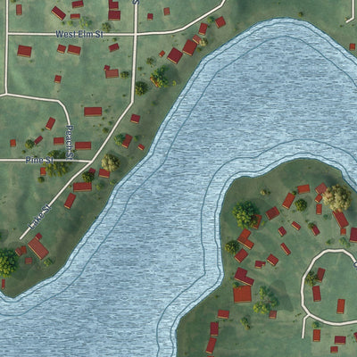 Close-up of the map of Fruitport, Michigan print showing street and building detail
