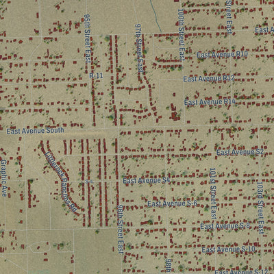 Close-up of the map of Sun Village, California print showing street and building detail