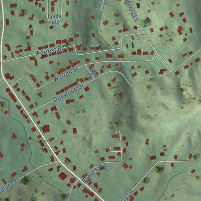 Close-up of the map of Fall Branch, Tennessee print showing street and building detail