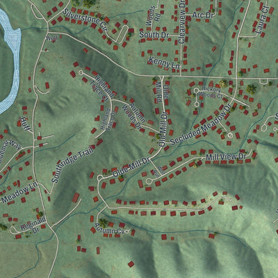 Close-up of the map of Byrnes Mill, Missouri print showing street and building detail