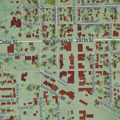 Close-up of the map of Wagner, South Dakota print showing street and building detail