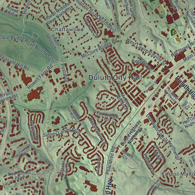 Close-up of the map of Duluth, Georgia print showing street and building detail