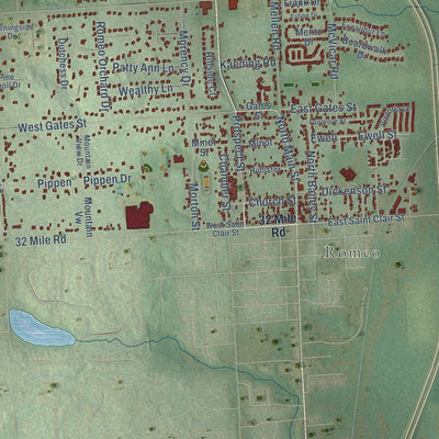 Close-up of the map of Bruce, Macomb County, Michigan print showing street and building detail
