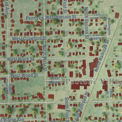 Close-up of the map of Peotone, Illinois print showing street and building detail