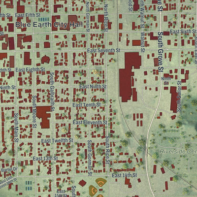 Close-up of the map of Blue Earth, Minnesota print showing street and building detail