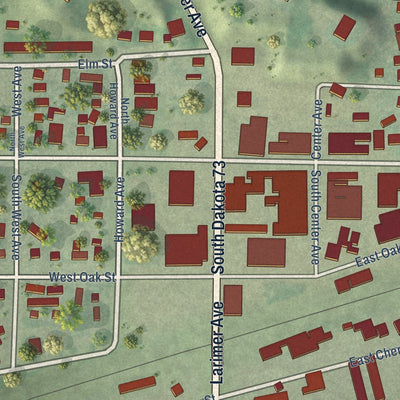 Close-up of the map of Philip, South Dakota print showing street and building detail