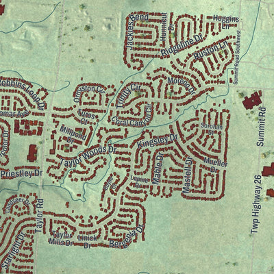 Close-up of the map of Reynoldsburg, Ohio print showing street and building detail