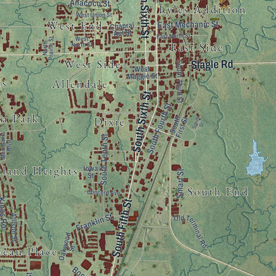 Close-up of the map of Leesville, Louisiana print showing street and building detail