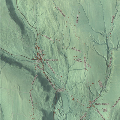 Close-up of the map of Burke, Vermont print showing streets and neighborhoods