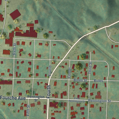 Close-up of the map of Ola, Arkansas print showing street and building detail