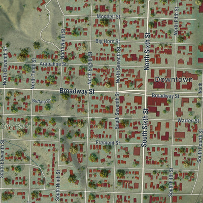 Close-up of the map of Thermopolis, Wyoming print showing street and building detail