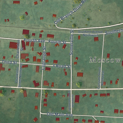 Close-up of the map of Moscow, Tennessee print showing street and building detail