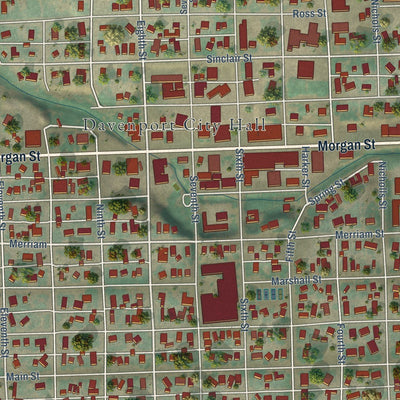 Close-up of the map of Davenport, Washington print showing street and building detail