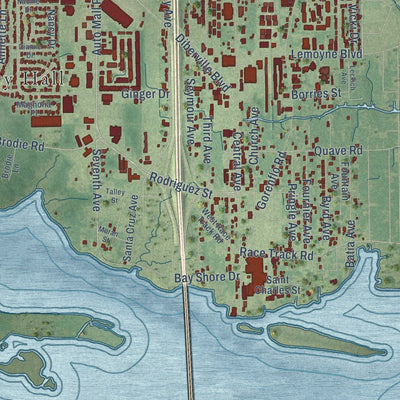 Close-up of the map of D'Iberville, Mississippi print showing street and building detail