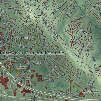 Close-up of the map of Bridgewater, New Jersey print showing street and building detail