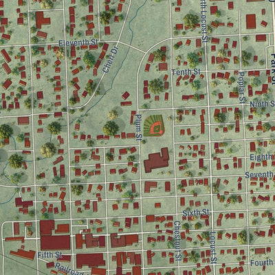 Close-up of the map of Syracuse, Nebraska print showing street and building detail